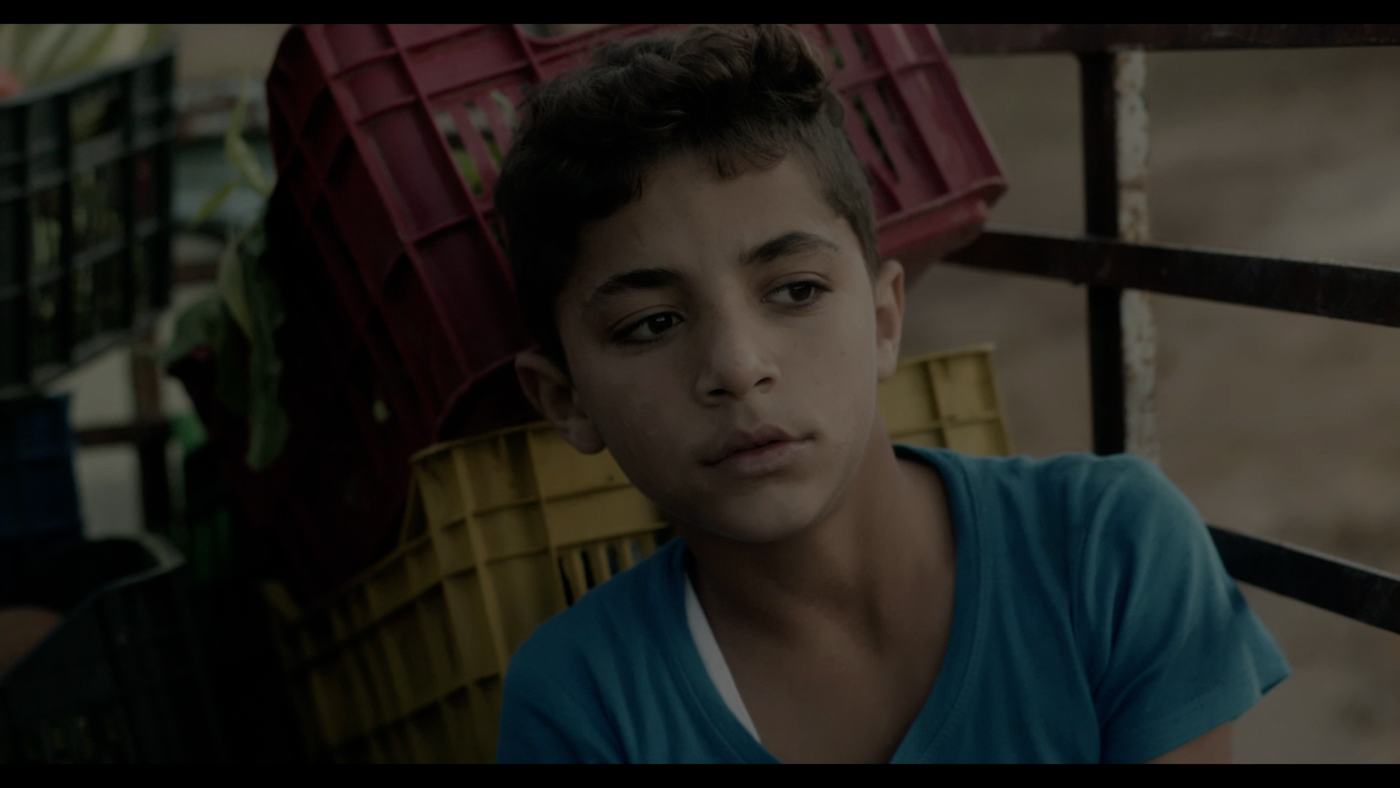 A boy in a blue shirt looks off-frame in a dim truck cab (4/12)